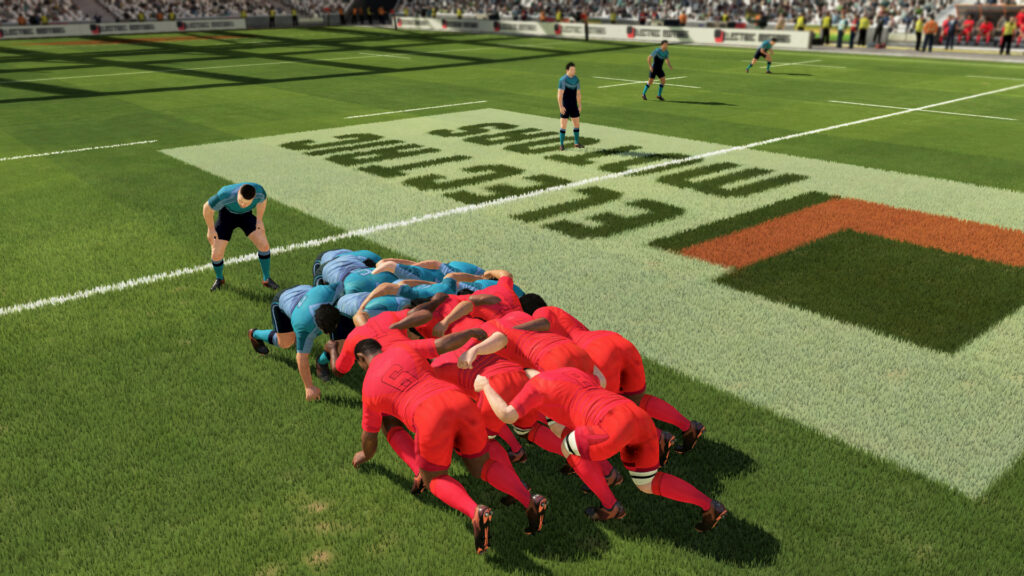 Two teams are locked in a scrum