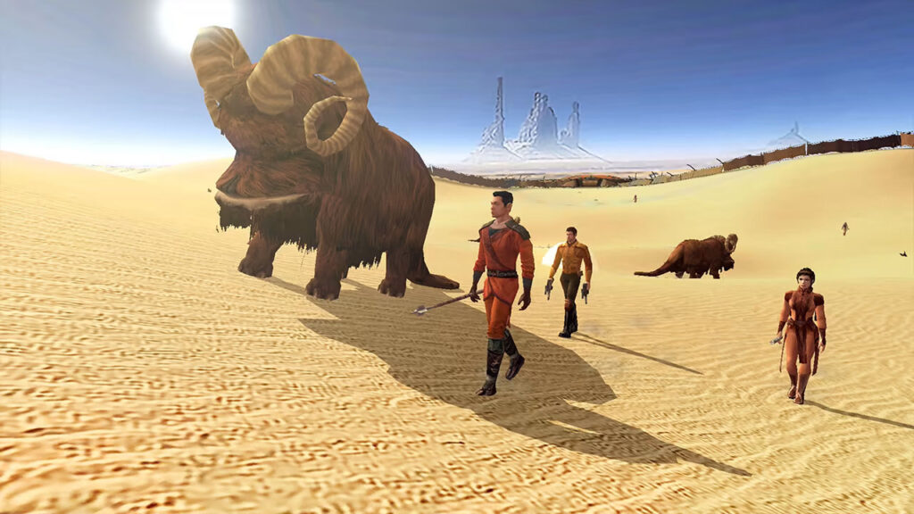 A party taking a stroll through the desert on their way to a mission
