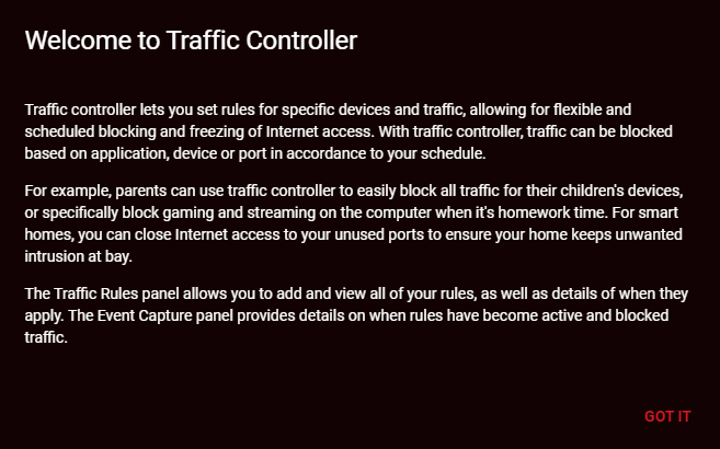 A description of the Traffic Controller feature, suggesting using it to block traffic for homework time or if you have a smart home, close access to unused ports.