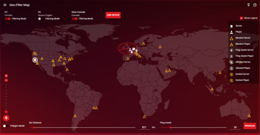 The Geo-Filter showing the blocked players and servers on COD Warzone