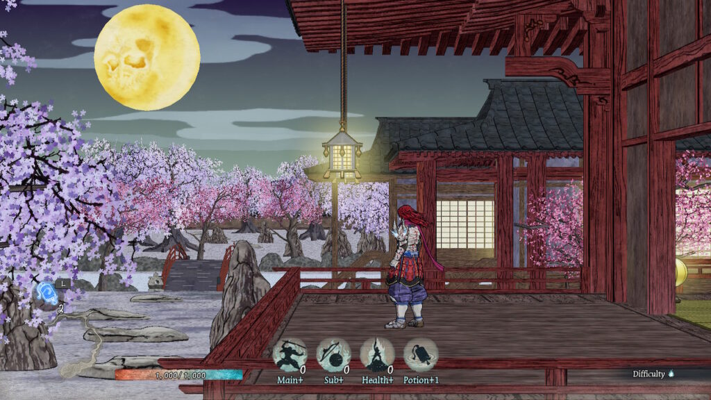 A samurai stands outside a Japanese style wooden building. The moon is large and bright in the sky, shining on a tree in blossom above a lake.