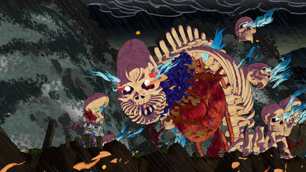 Flaming skulls float in the sky around the larger skeleton of a creature while rain pours down