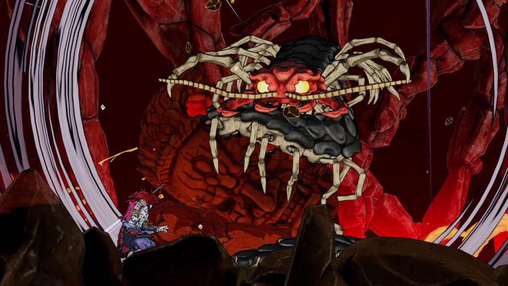 A samurai faces off against a large skeletal monster