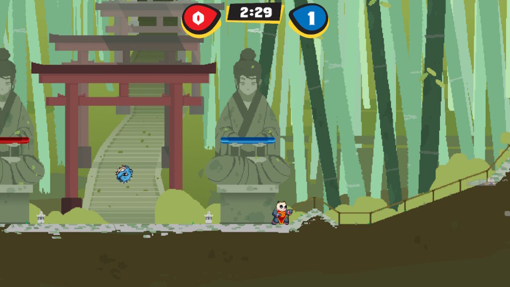 panda standing near a pufferfish in front of bamboo