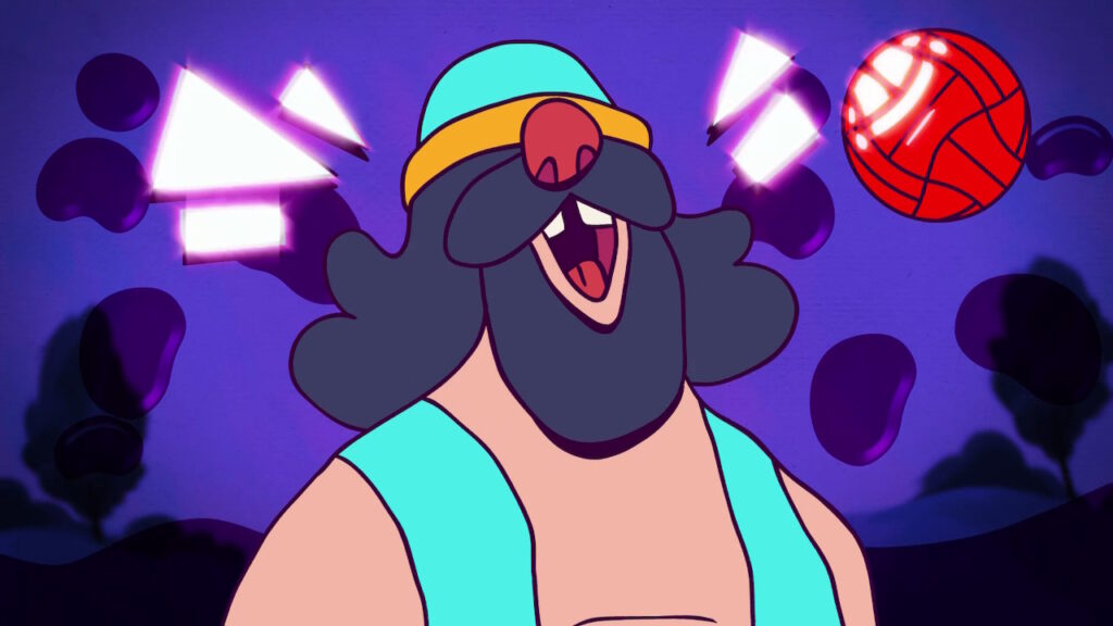 goofy man with a large beard sees the kickball