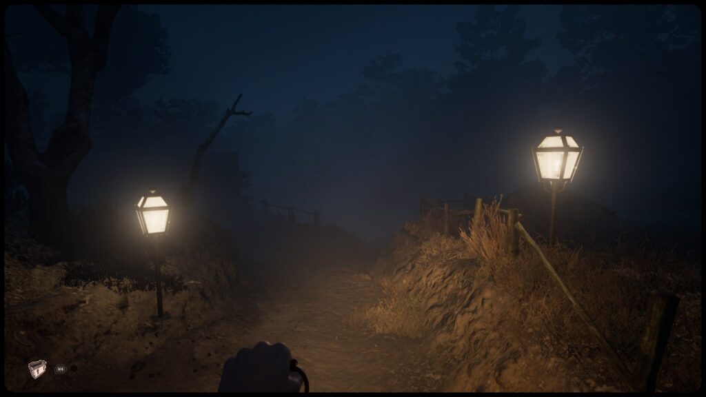 A lane is lit by old-fashioned lights on either side with woods ahead in the distance