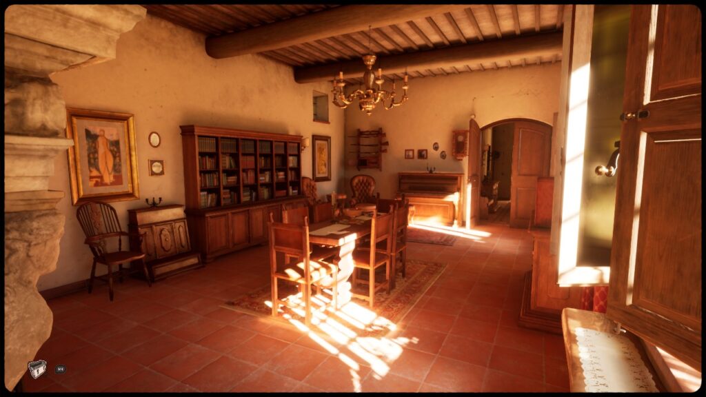 An old-fashioned dining room bathed in bright sunlight