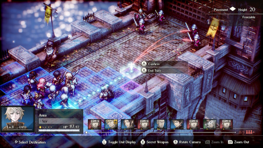 A battle taking place on a castle bridge, showing the grid based battle system.
