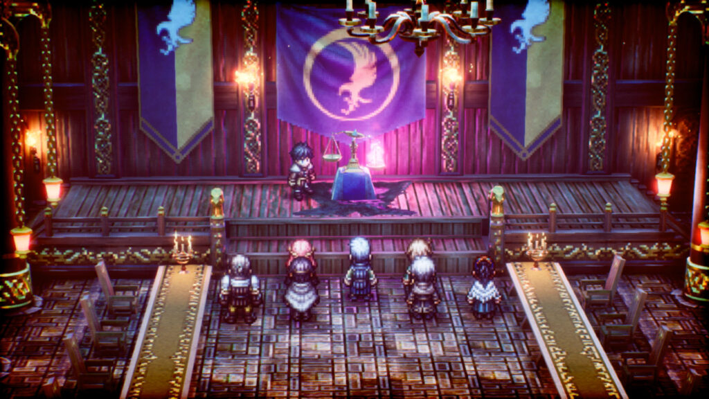 The characters face a stage inside a dining hall making a decision.