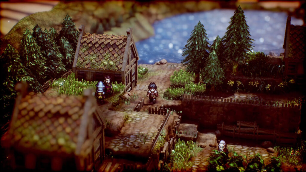 The protagonist walks through a lakeside village with pine trees.