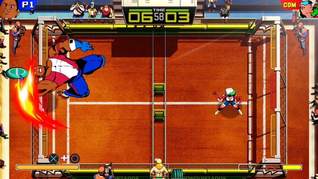 one character on the left is grabbing the disc, about to spike it while the other character looks to receive