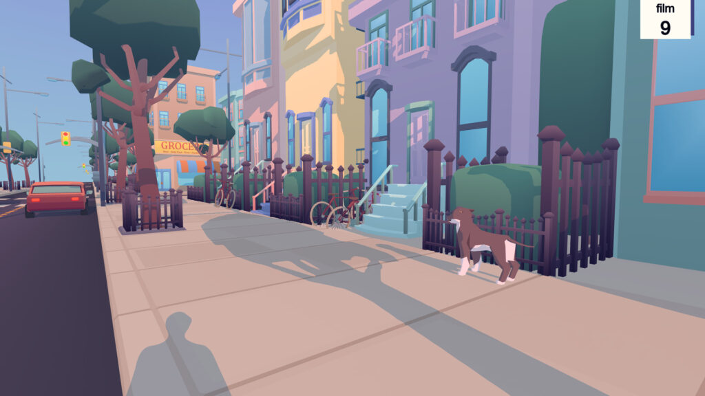 A street during the evening with a dog in view
