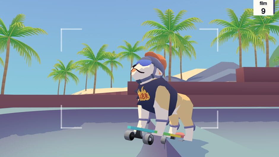 A dog riding a skateboard is in a close-up camera shot