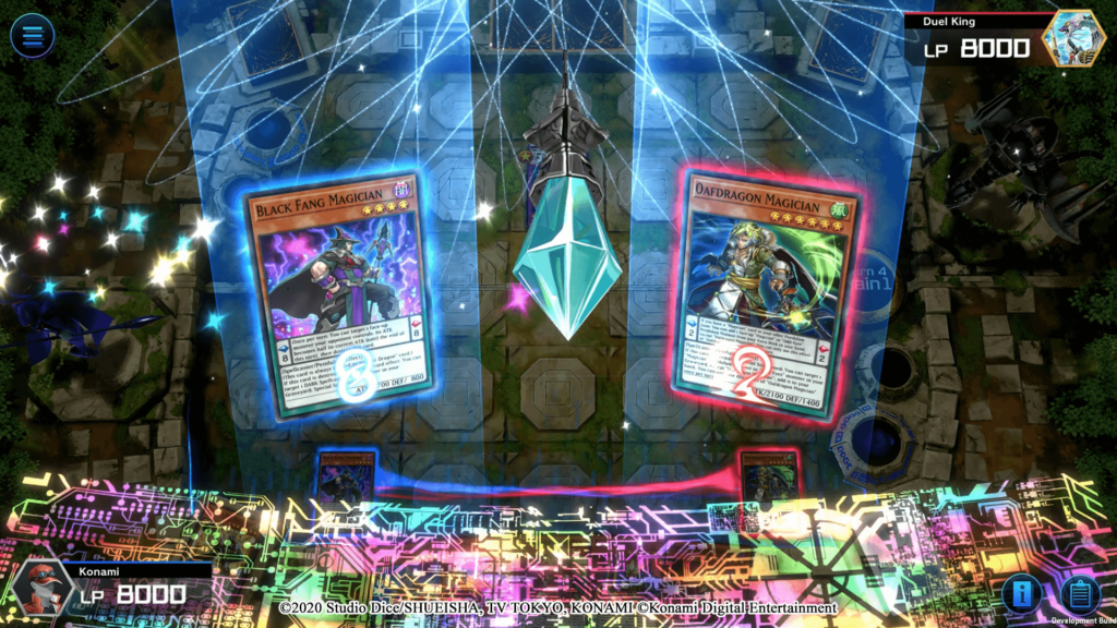 Two Yu-Gi-Oh! cards appear in large, each under a spotlight