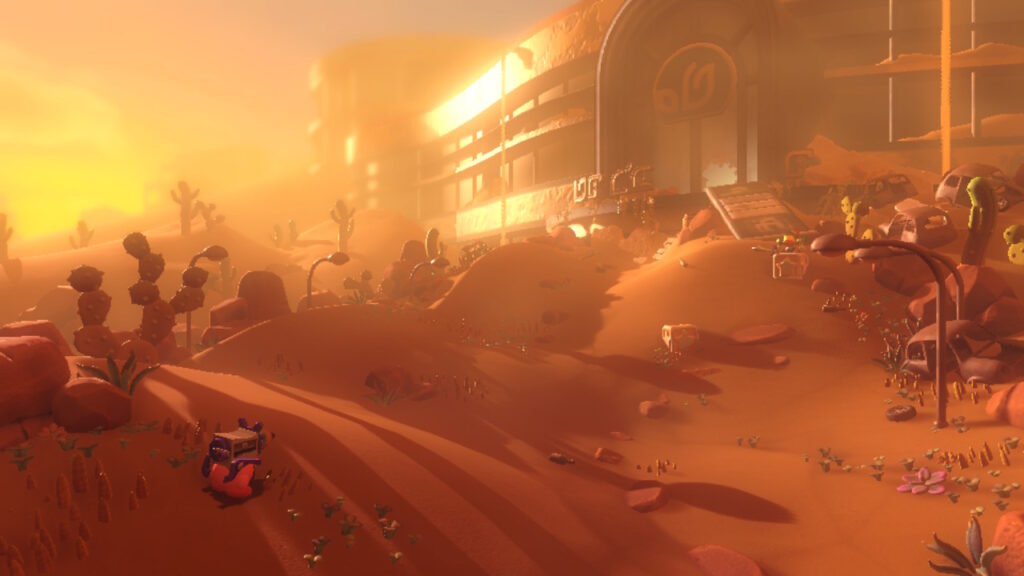 Kirby stands in an orange desert outside an abandonded building.