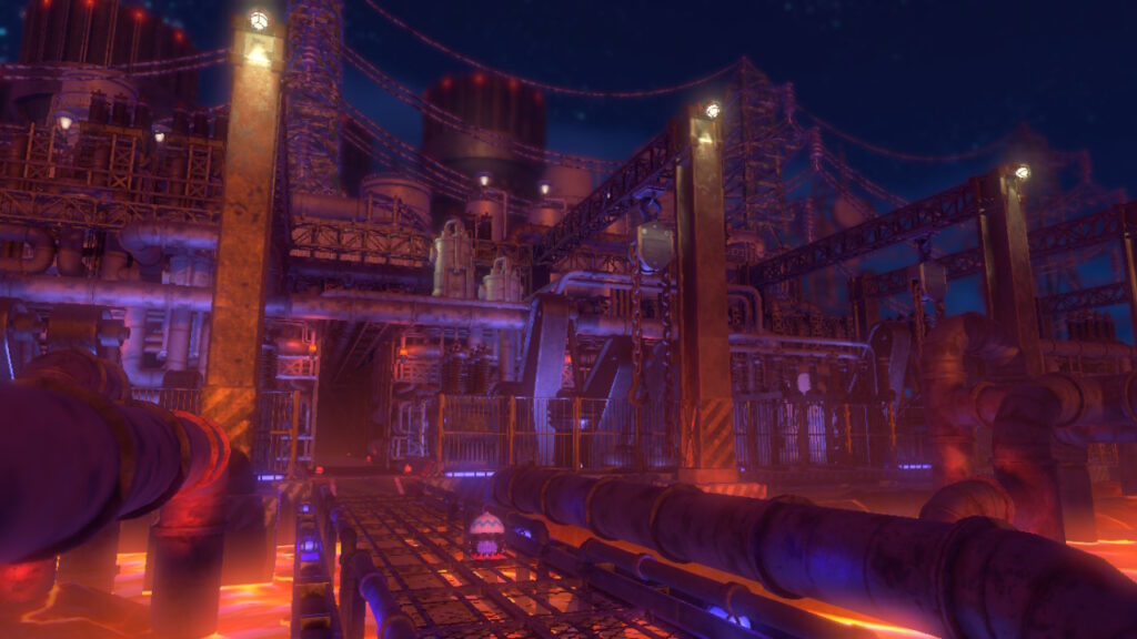 Kirby outside a factory at night.