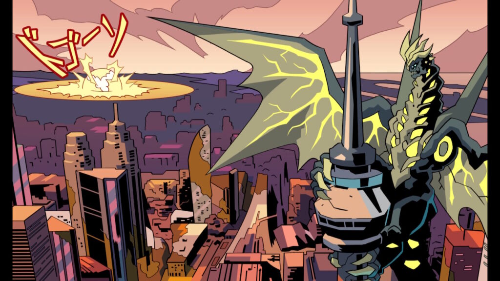 massive beast taking on a pointy building