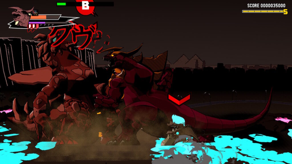 Two monsters are fighting in an arid landscape