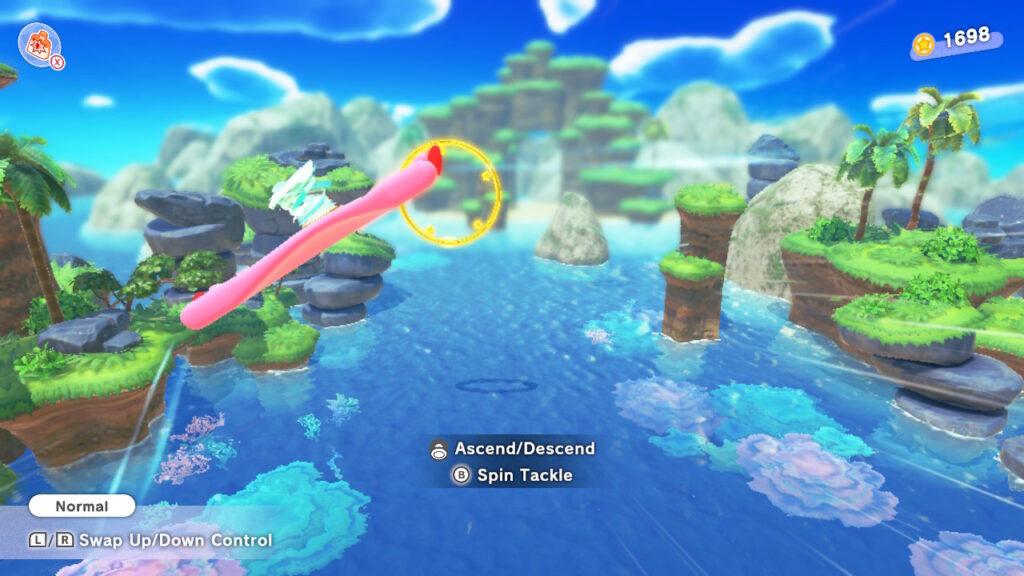 Kirby using Arch Mouth to glide over a tropical world.