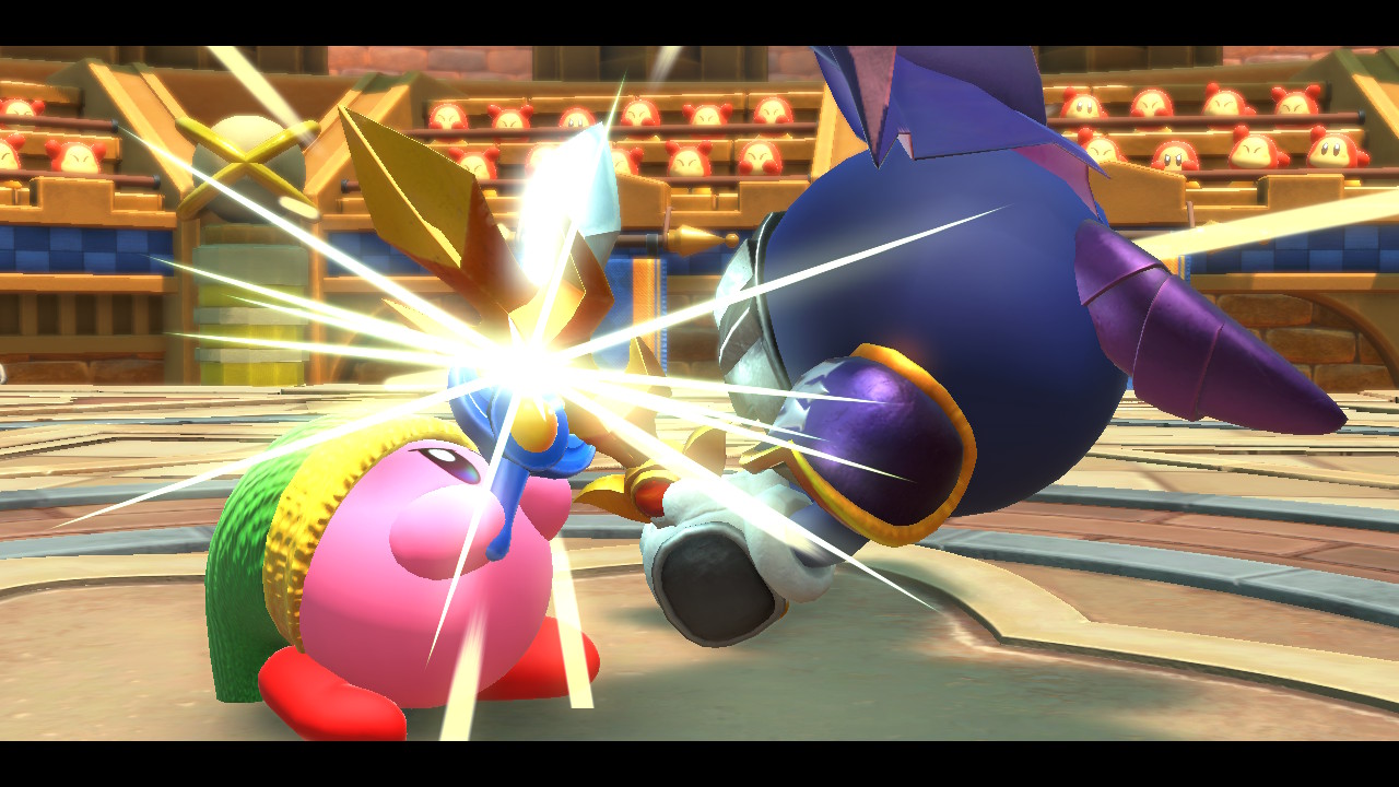 Kirby clashing swords with Meta Knight.