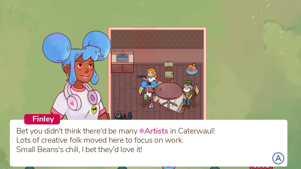 Finley, a girl with blue buns, tells you that Caterwaul is full of artists.