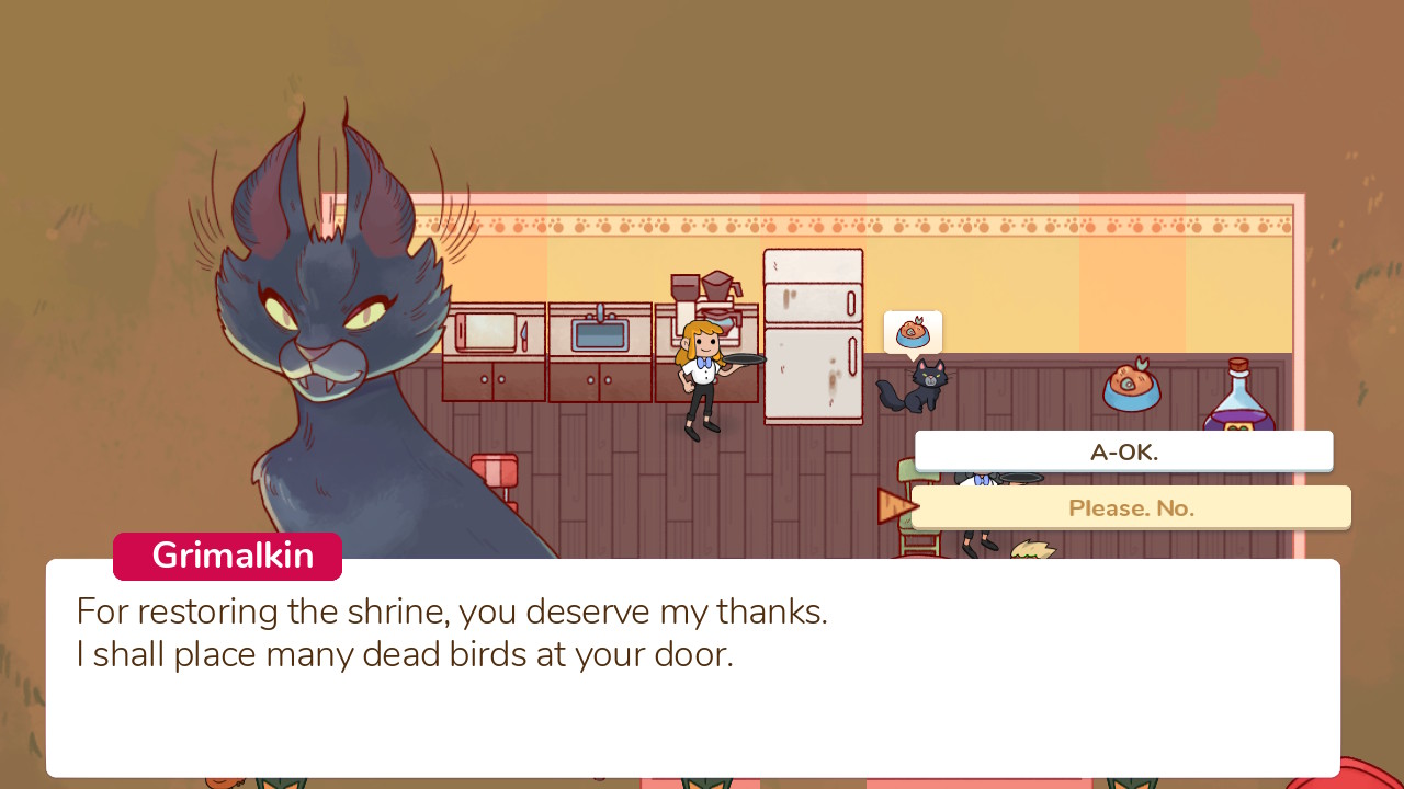 The Grimalkin, a large black cat god, thanks me for restoring the shrine.