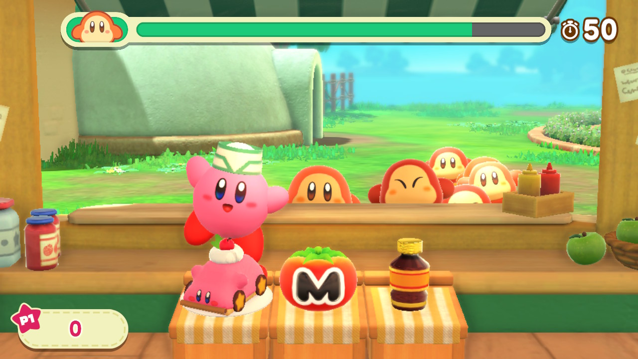 Kirby serving Waddle Dees at the café.