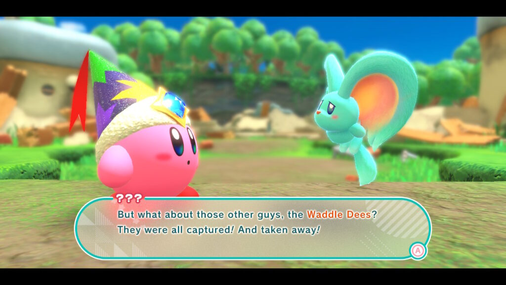Elfilin, a flying blue fluffy creature, asks Kirby about the Waddle Dees.
