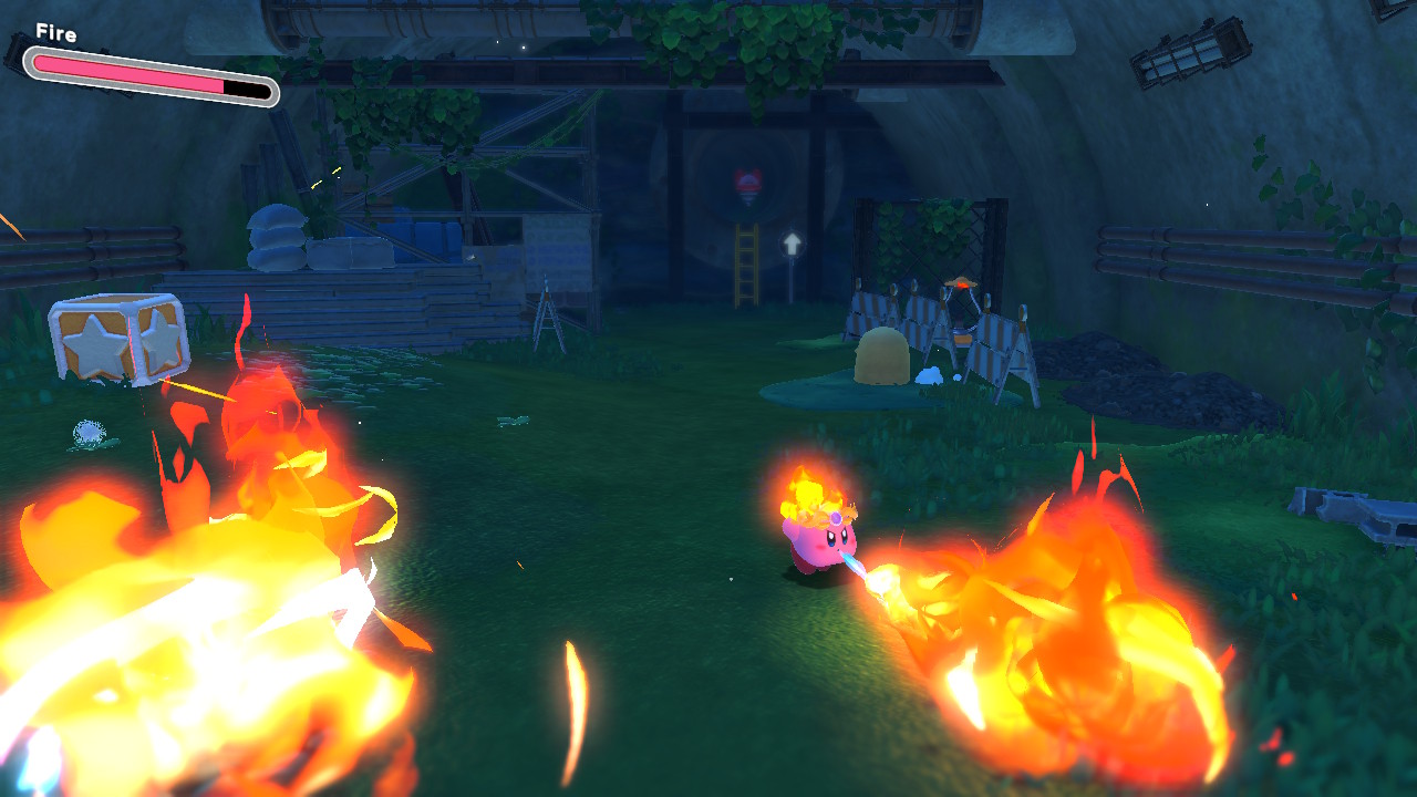 Kirby breathes out fire with the Volcano Copy Ability.