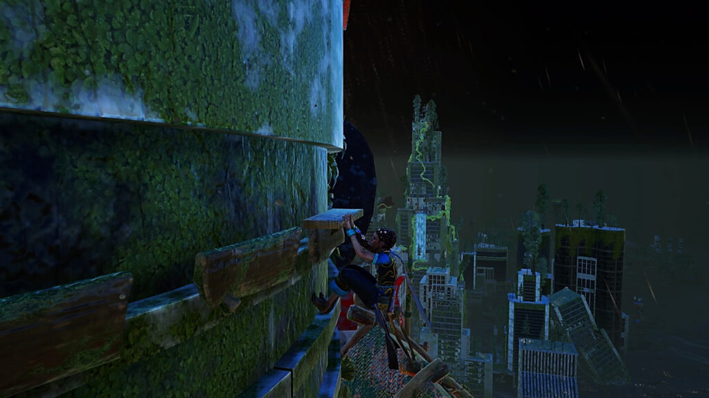 A character scales the side of a tall building covered in moss with skyscrapers in the background