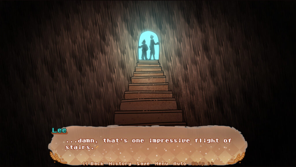 Lee and Beracus appear as silhouettes at the top of a long flight of stairs.