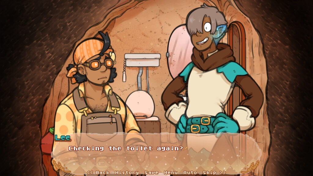Lee and Beracus stand together in an underground bathroom