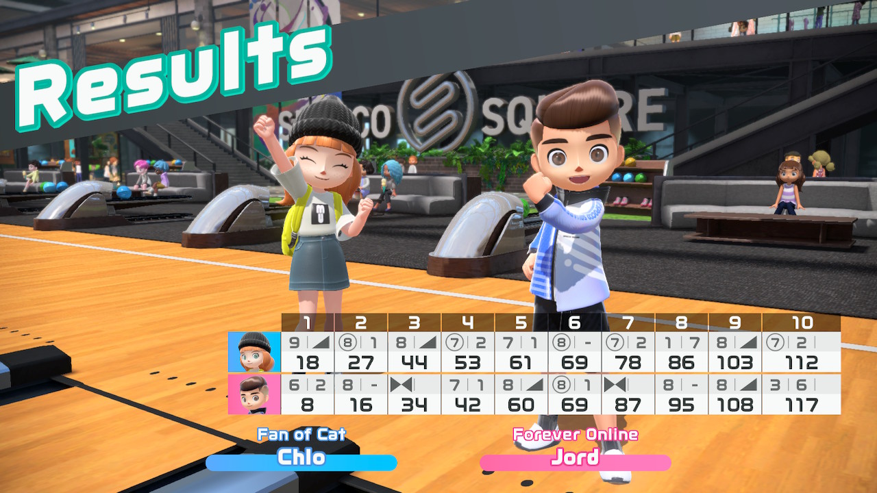 The results screen for bowling between two local players.