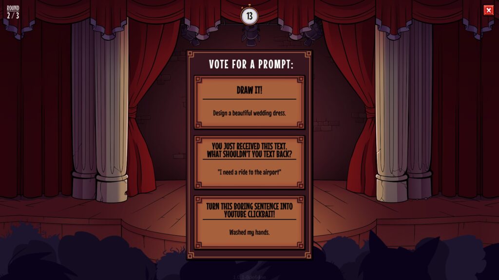 The voting screen for a prompt, including 'Draw it! Design a beautiful wedding dress', 'You just received this text. What shouldn't you text back?: I need a ride to the airport' and 'Turn this boring sentence into YouTube clickbait!: Washed my hands.'