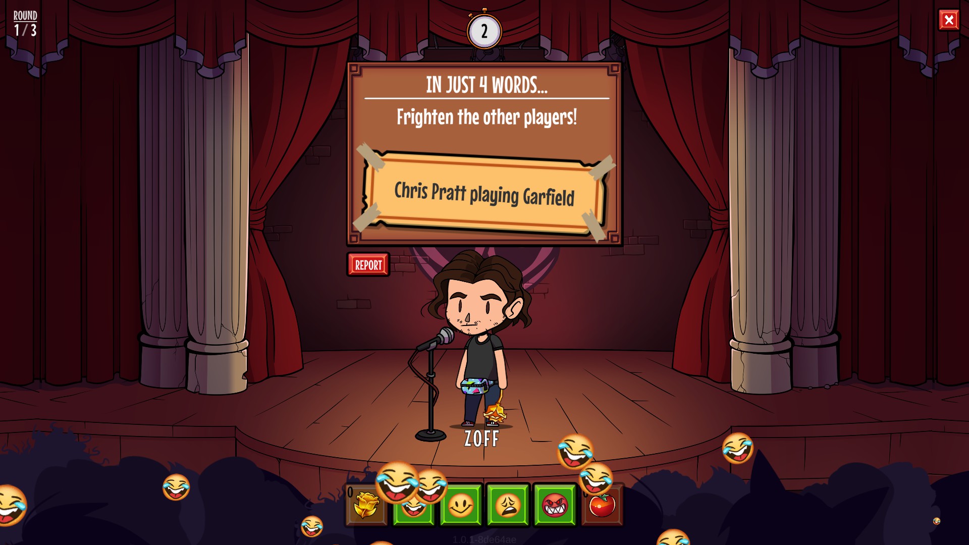 A player from a public lobby with the answer 'Chris Pratt playing Garfield' to the prompt 'frighten the other players'
