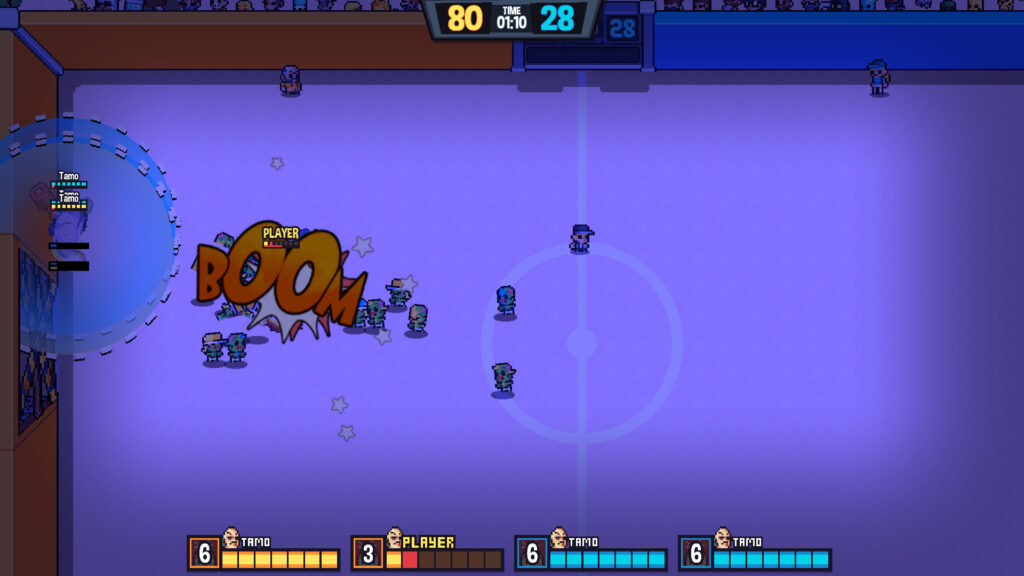 Massive explosion going off near zombies while three egg characters are fighting in the corner. 