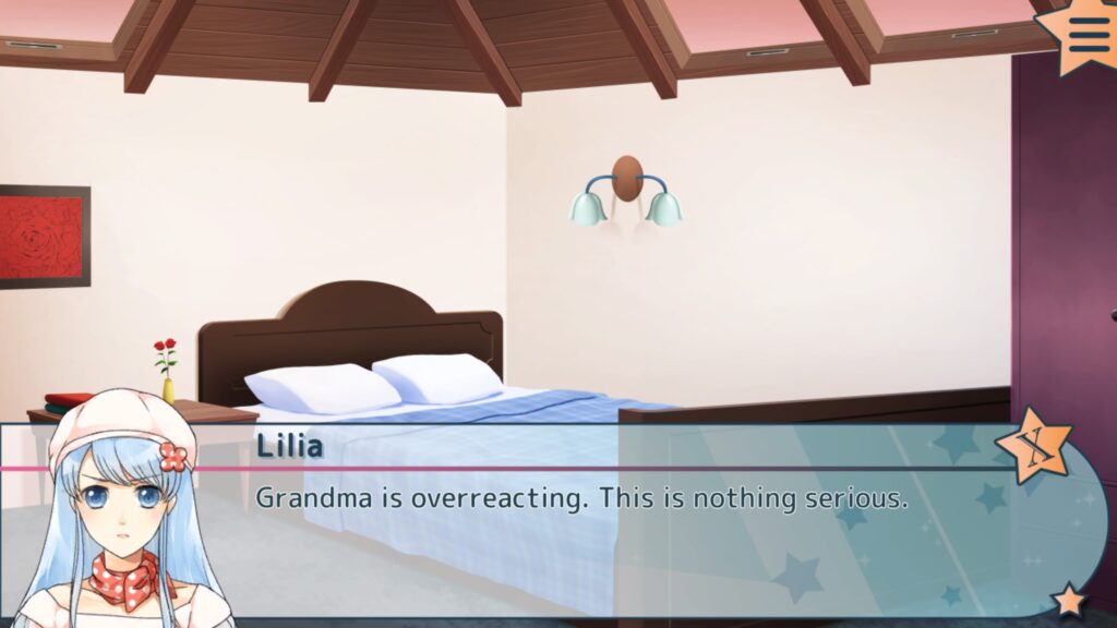A bedroom with a double bed and bedside table. Text on the screen, said by Lilia, reads: Grandma is overreacting. This is nothing serious.