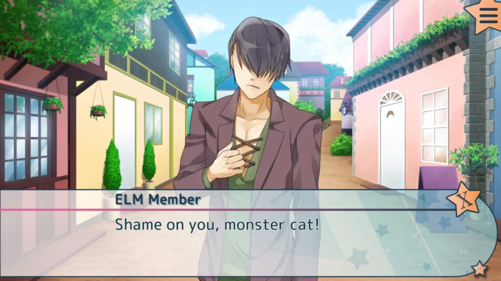 A character stands in the street with text on the screen that reads: (ELM Member) Shame on you, monster cat!