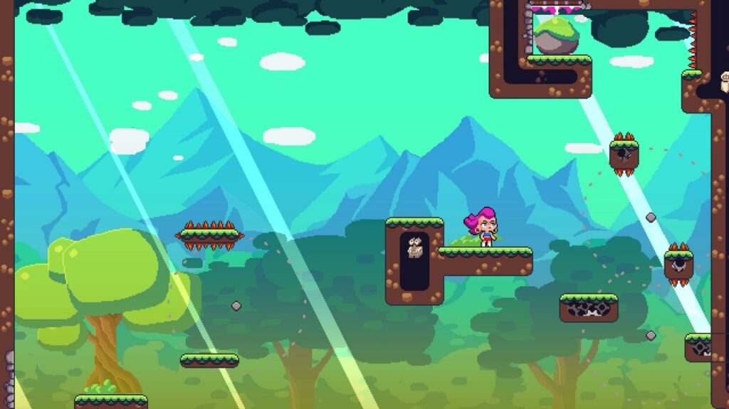 A platforming section with mountains in the background