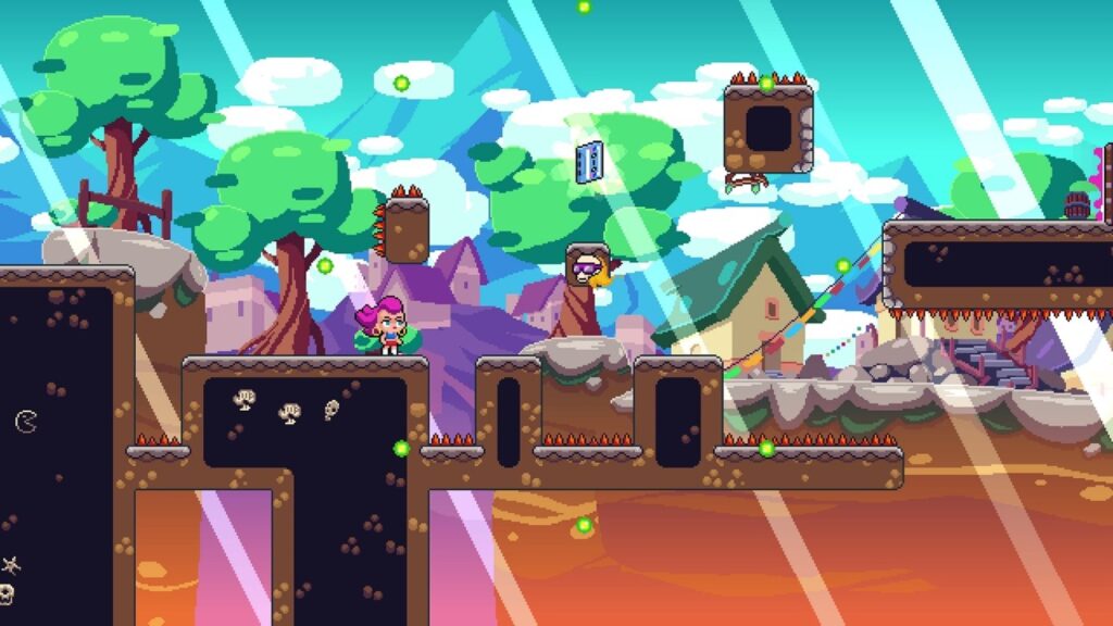 A platforming section with trees and houses