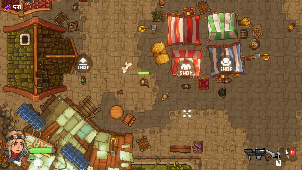 Black Skylands - Eva in marketplace with three shops