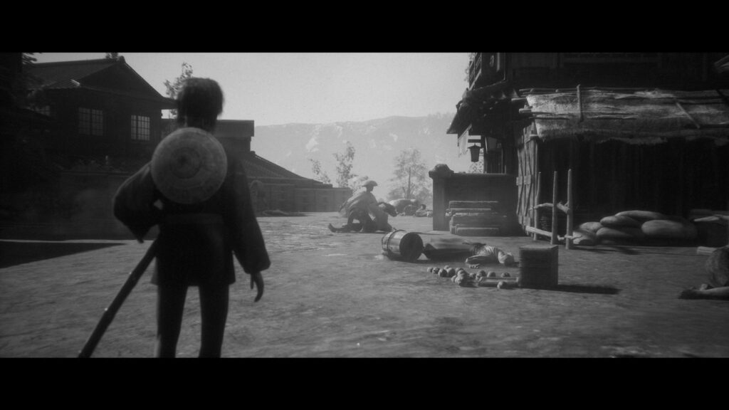 Hiroki (as a child) surveys the damage to his village from invaders