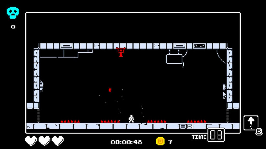 man standing in the center of a room with a cannon shooting at him and spikes on the ground
