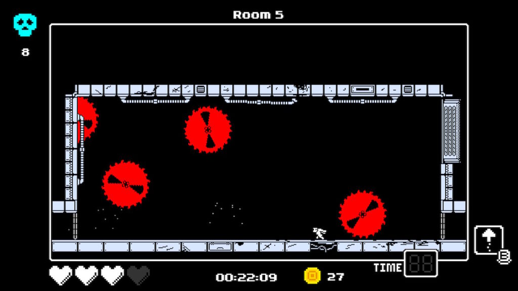 man is running from massive red spiked wheels