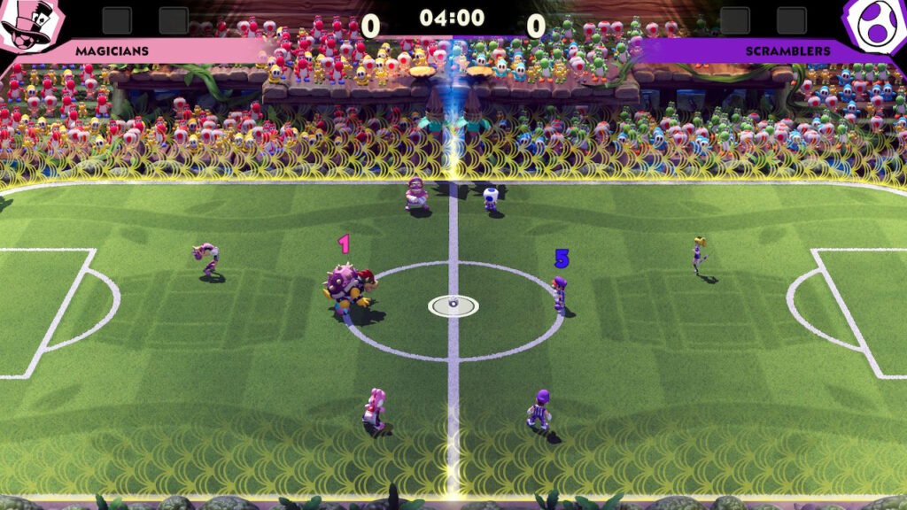 Bowser's team is on the left and Mario's team is on the right. They are beginning a soccer match.