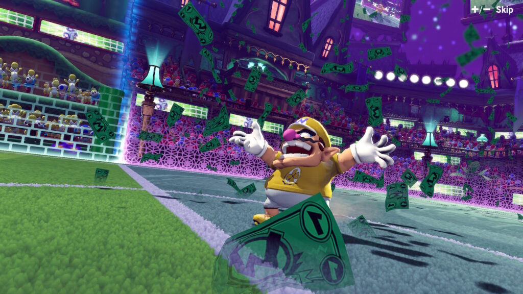 Wario sliding on the ground around raining money