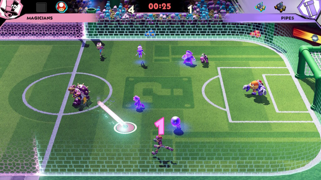 Bowser passing the ball to Waluigi