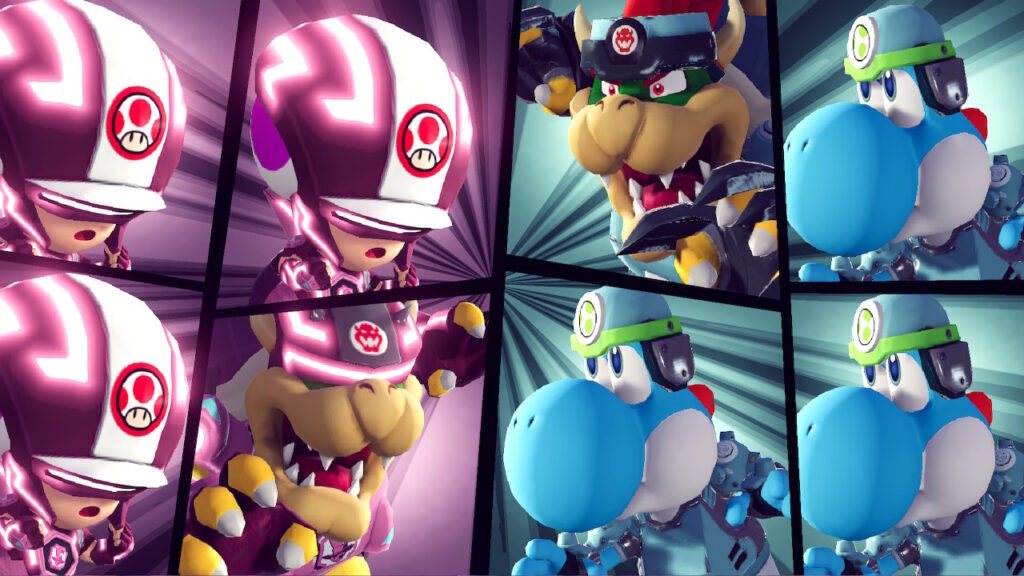 Bowser and three Toads are facing Bowser and three Yoshis
