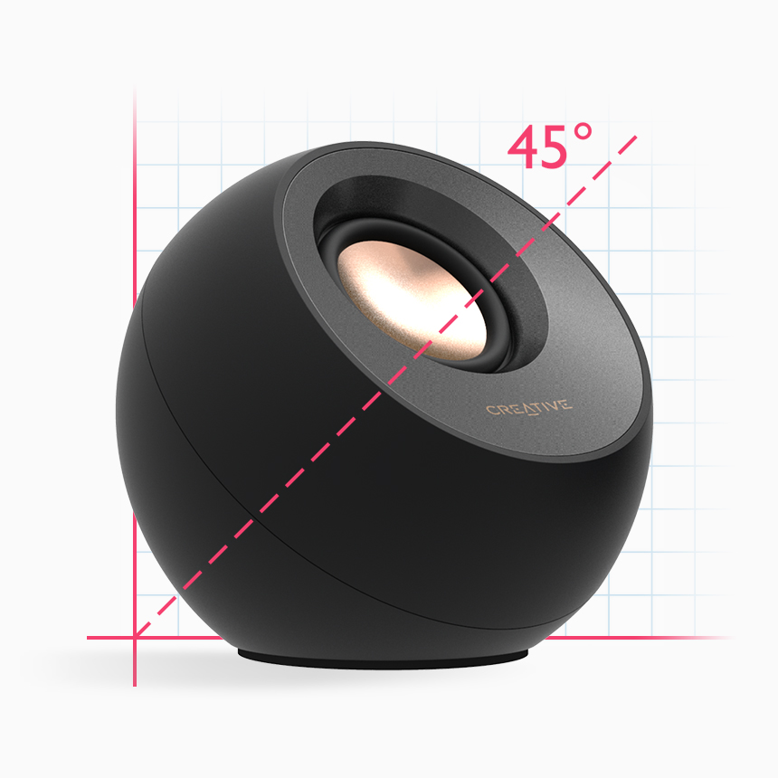 A close up of the speaker showing it pointing at a 45 degree angle.