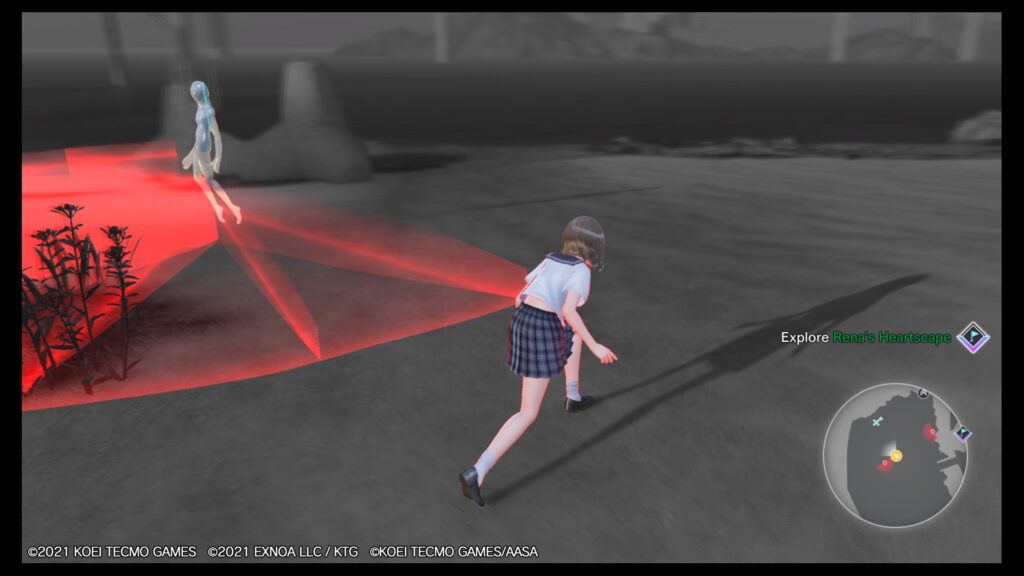 a girl sneaks around an enemy, whose range of vision is shown on the screen